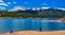 Panorama Snow-capped and forested mountains near a mountain lake, Pikes Peak Mountains in Colorado Spring, Colorado, US