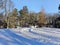 Panorama of a snow-covered city park with long shadows on a sunny morning in Riga