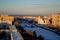 Panorama of the snow-covered city of Togliatti with a view of the Volga Orthodox Institute and the Temple of the Three Saints.