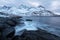 Panorama of snowy fjords and mountain range, Senja, Norway Amazing Norway nature seascape popular tourist attraction.