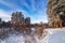 Panorama of snowy forests of the Urals, Russia, winter