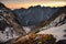 Panorama of snowy mountain landscape at sunset, Rysy