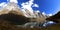 Panorama of snowy mountains and glacial lake reflection of valley in the remote Cordillera Huayhuash Circuit near Caraz in Peru