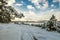 Panorama of snowy woods, road, Russia, Ural