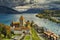 Panorama of Spiez on lake Thun in Switzerland.