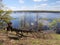 panorama spring flood fields flooded with water trees with young greenery on a hillock