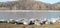 Panorama spring landscape. Blocks of ice lie on the banks of the river single ice floes float on the water Trees with blossoming b