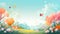 Panorama of spring summer beautiful nature, green grasslands meadow, landscape background illustration.