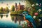 Panorama of spring village with Kingfisher bird standing on branches tree and wild flowers next to river