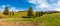 Panorama of spruce forest on grassy hills