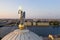 Panorama of St. Petersburg. Catherine`s Church on Vasilievsky Island. Angel on top of the dome