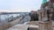 Panorama with St Stephen statue and Danube embankment, Budapest, Hungary