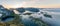 Panorama stitch of three pictures overlooking the city of Reine and Hamnoy in Lofoten, Norway.