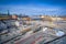 Panorama of Stockholm, Sweden with tower cranes