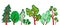 Panorama of stylized decorative trees on a white background. Green and brown colors.