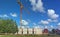 Panorama of the summer construction site of a public building wi