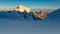 Panorama of sunrise at Monte rosa glacier with Lyskamm and Matte