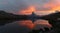 Panorama of sunset with dramatic alpenglow at the high mountain lake Stelisee with Matterhorn