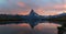 Panorama of sunset with dramatic alpenglow at Lake Stelisee with Matterhorn