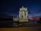 Panorama sunset view of medieval historic defense fortification bastion Torre Belem Tower in Tagus river Lisbon Portugal