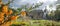 Panorama taken on a cloudy spring day of Pinner Memorial Park, UK, West House and the Heath Robinson Museum in the background.