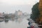 Panorama of the Tamis river, on Pancevo Waterfront in the center of the city, during a cloudy afternoon.