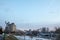 Panorama of the Tamis river, on Pancevo Waterfront in the center of the city, during a cold winter snow sunset.