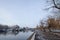 Panorama of the Tamis river, on Pancevo Waterfront in the center of the city, during a cold winter snow sunset.