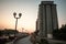 Panorama of the Tamis river, on Pancevo Waterfront in the center of the city, during a warm summer sunset. Iconic silos are