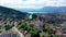 Panorama of Thun city with Alps and Thunersee lake, Switzerland. Historical Thun city and lake Thun with Bernese Highlands swiss