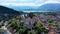 Panorama of Thun city with Alps and Thunersee lake, Switzerland. Historical Thun city and lake Thun with Bernese Highlands swiss