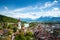 Panorama of Thun city  in the canton of Bern with Alps and Thunersee lake, Switzerland