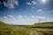 Panorama of Titelski breg, or titel hill, in Vojvodina, Serbia, with a dirtpath countryside road, in an agricultural landscape