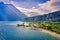 Panorama of Torbole a small town on Lake Garda, Italy. Europa.beautiful Lake Garda surrounded by mountains in the summer time