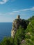 Panorama of Torre del Verger historic watch tower mediterranean sea coast shore Banyalbufar Mallorca Balearic Spain