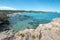 Panorama on the tourist beach of Cala Nova on the island of Ibiza in summer 2024