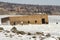 Panorama of tourists exploring The Crib on frozen Lake Superior