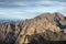 Panorama from trail to Toubkal, ridges and highest peaks of High Atlas mountain in Morocco on sunrise