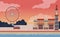 Panorama travel postcard and poster of London, England famous landmarks. Love and honeymoon trip concept. Flat style