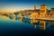 Panorama of Trogir and harbor with boats at sunrise, Croatia