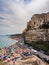 Panorama of Tropea, Italy and the crowded beach of bathers