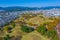 Panorama of Tumuli park and other royal tombs in the center of Korean town Gyeongju