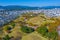 Panorama of Tumuli park and other royal tombs in the center of Korean town Gyeongju