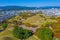 Panorama of Tumuli park and other royal tombs in the center of Korean town Gyeongju