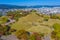 Panorama of Tumuli park and other royal tombs in the center of Korean town Gyeongju