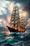 The Panorama of a Two Masted, Multisail Historical Ship Sailing through a Stormy Sky. AI generated