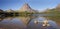 Panorama of Two Medicine lake reflecting the mountains