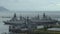 Panorama of two multi-purpose frigates docked in Italian port, La Spezia city