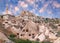 Panorama of Uchhisar and unique geological formations in Pigeon valley at sunset in Cappadocia, Central Anatolia, Turkey