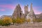 Panorama of unique geological formations in White valley at sunset in Cappadocia, Central Anatolia, Turkey